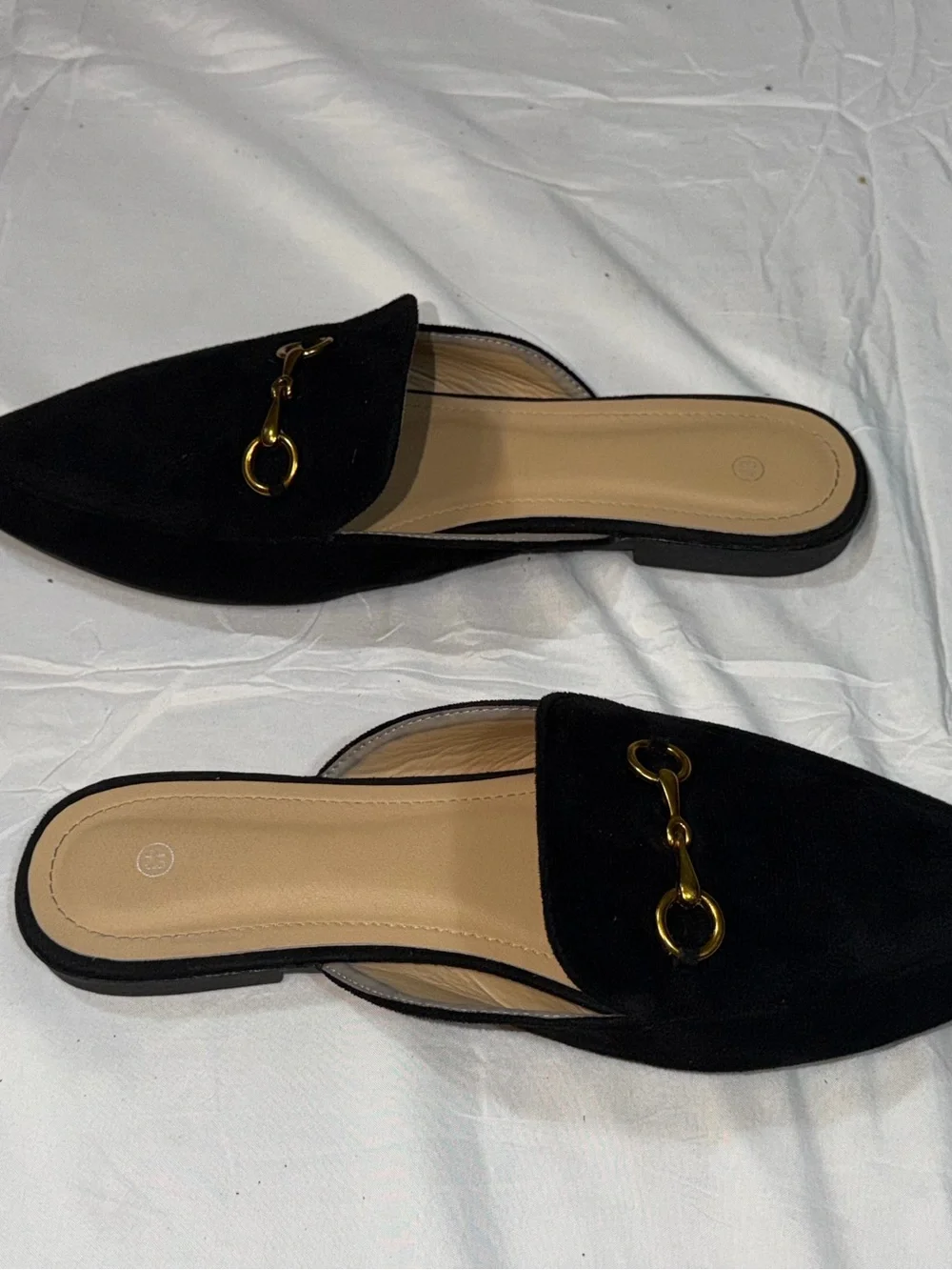SHEIN Black Suede Pointed Toe Flat Mules Gold Horsebit Buckle Slide Loafers 11 - Picture 6 of 7
